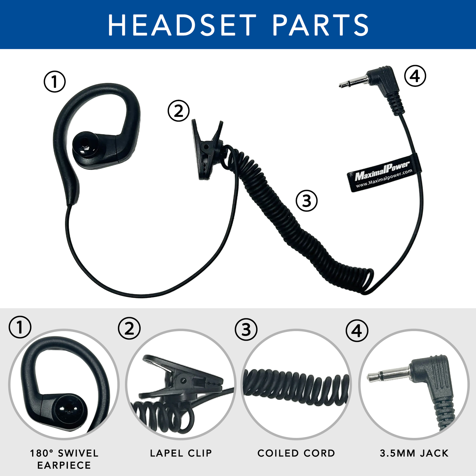 MaximalPower Listen Only 180° Earpiece 3.5mm Ear Hook for 2-Way Radios Speakers