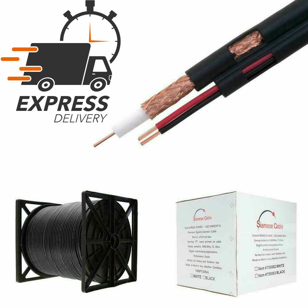 RG59 18/2 Cable Siamese 1000ft 500ft 250ft Security Camera CCTV Bulk Coax Wire N