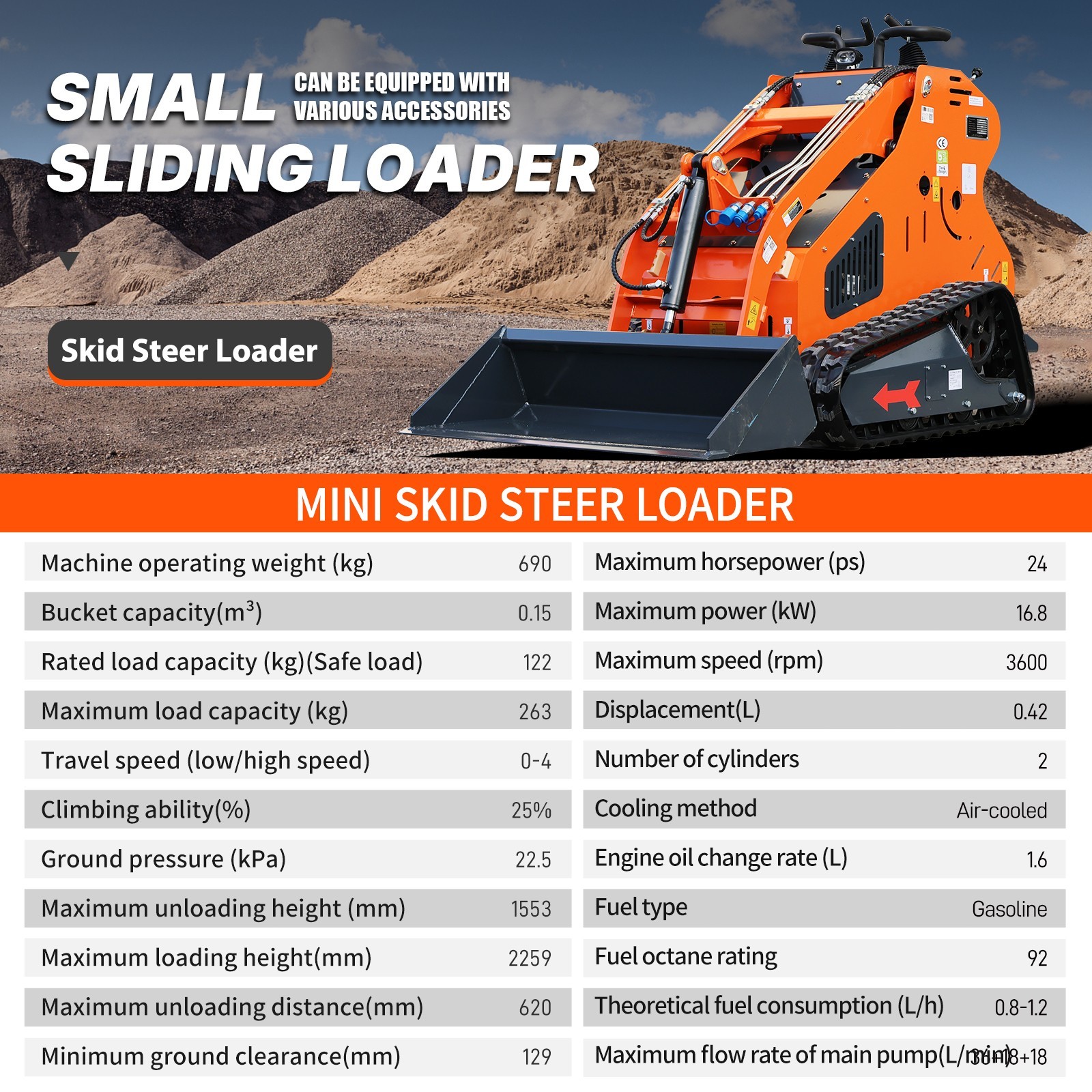 Upgraded Mini Skid Steer 24HP Tracked Loader with Three-Stage Pump