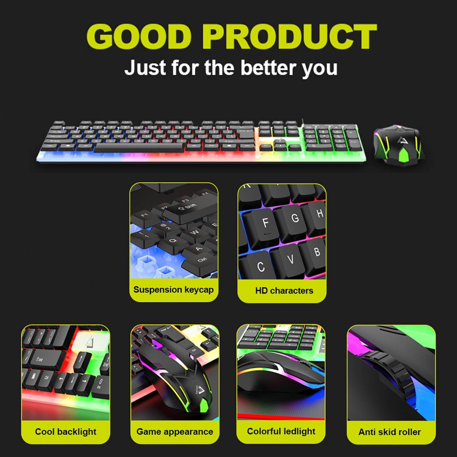 Wired Gaming Keyboard and Mouse Set RGB LED Rainbow Backlit for Computer Desktop