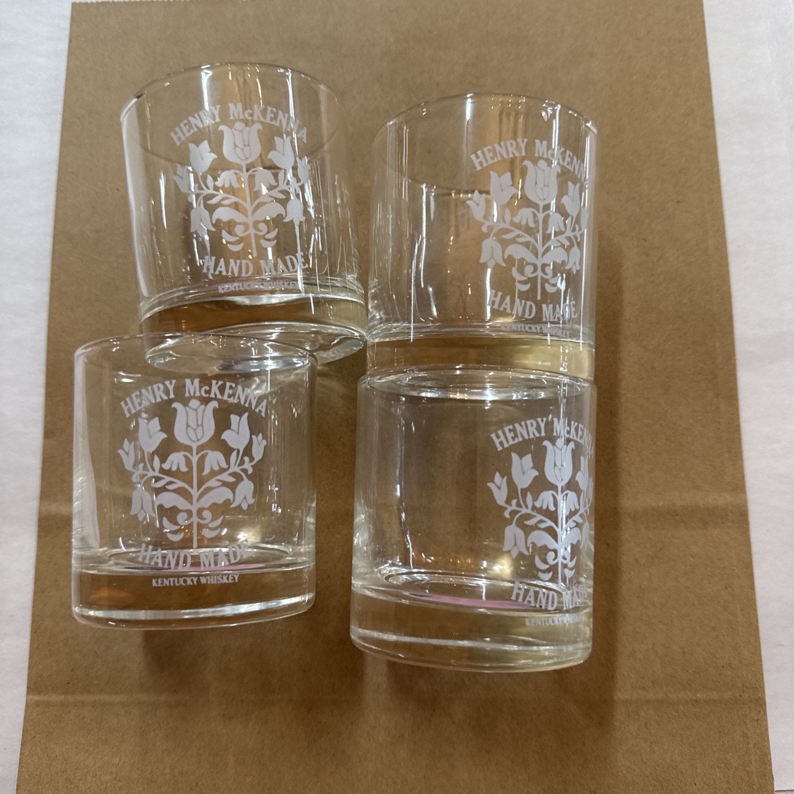 4 Vintage Henry McKenna Bourbon Whiskey Glasses 3” Tall Set In Original Box