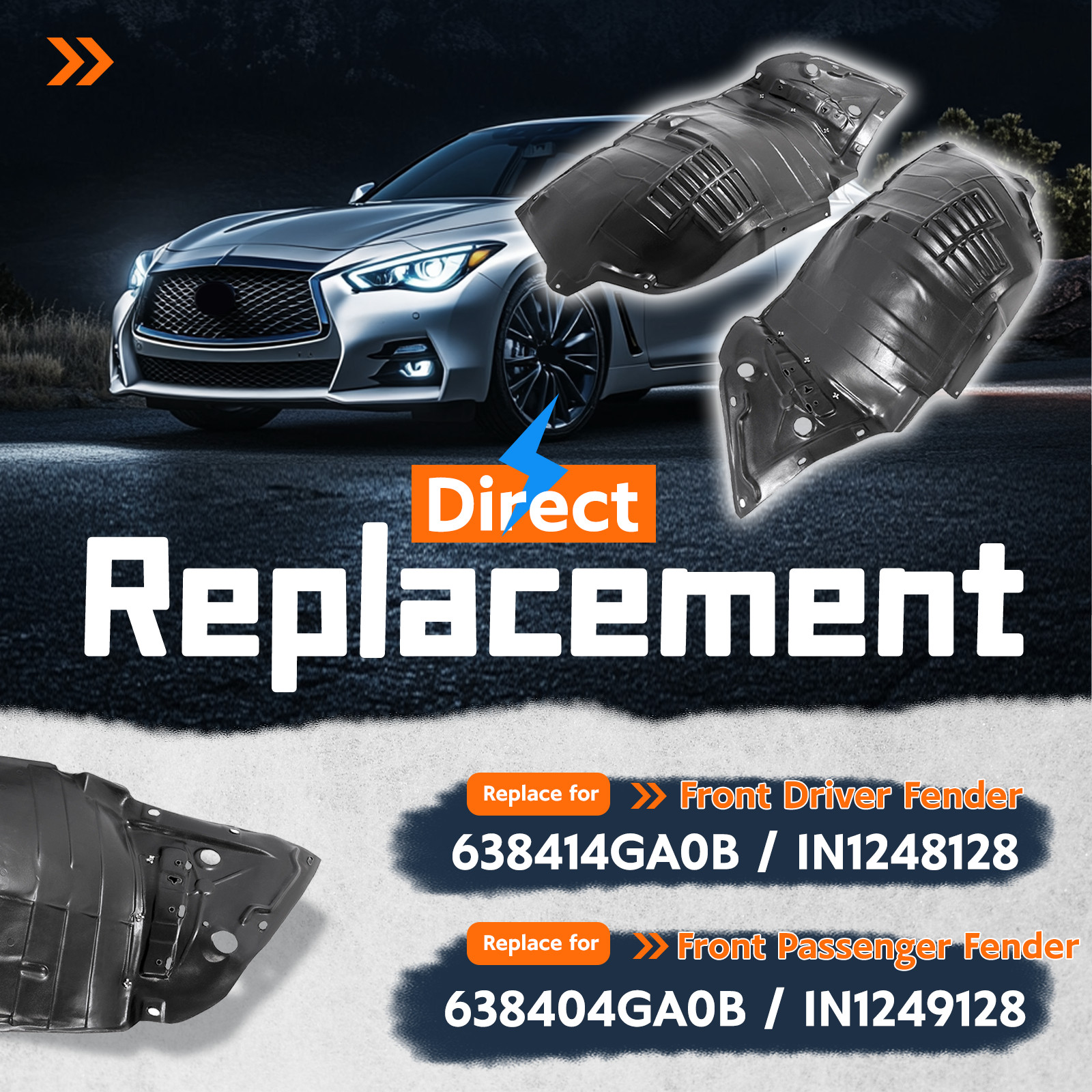 Pair Inner Fender Liners For 2014-2023 Infiniti Q50 Front Driver Passenger Side