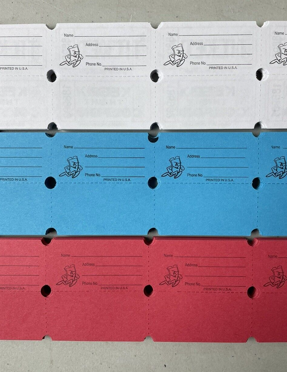 3 Rolls Double Stub Raffle Tickets 2000 Each Roll Red White & Blue 50/50 Raffles