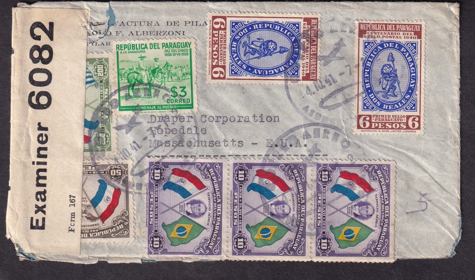 Paraguay WWII PC90 censor registered cover to MASS via Trinidad San Juan & Miami