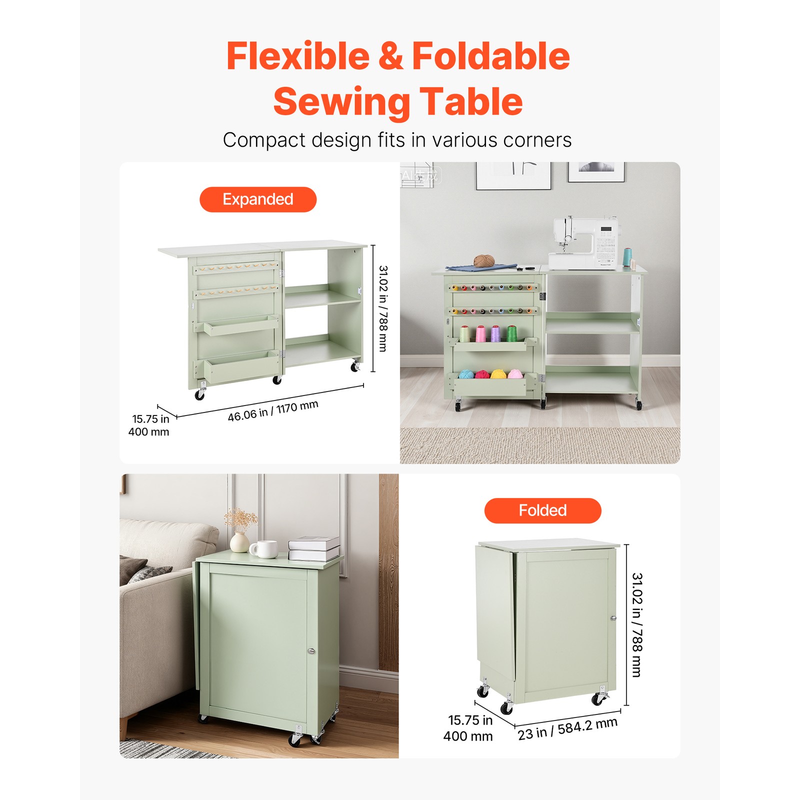 Uimoso Folding Multipurpose Sewing Table with Compact Design, Light Green