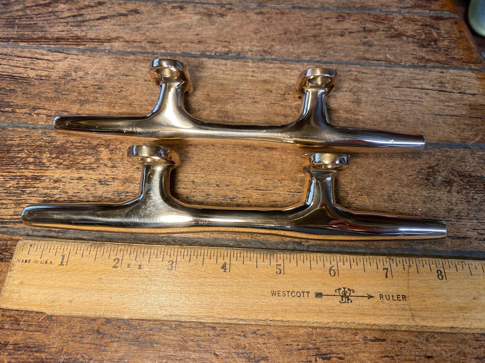Pair Vintage Polished Bronze 8" Herreshoff Style Cleats, Drawer/Door Handles
