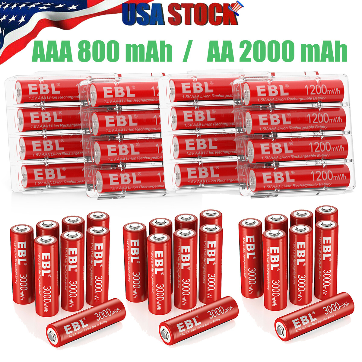 EBL Li-ion Rechargeable AA AAA Batteries 3000mWh/1200mw 1.5V Lithium Battery Lot