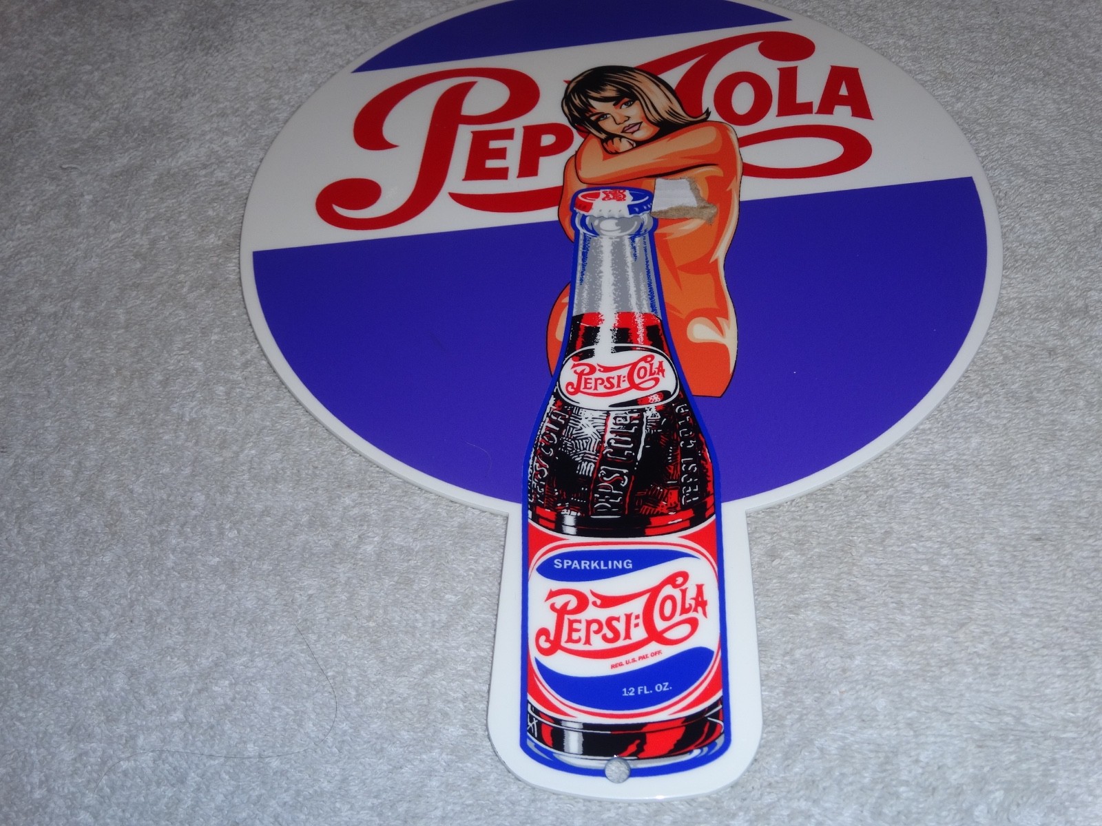 VINTAGE SPARKLING PEPSI COLA SODA BOTTLE &👩 WOMAN 12" METAL GASOLINE & OIL SIGN