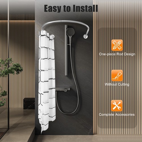 Stainless Steel U Shaped Shower Curtain Rod Adjustable w/ 9.8ft*6.6ft Curtain