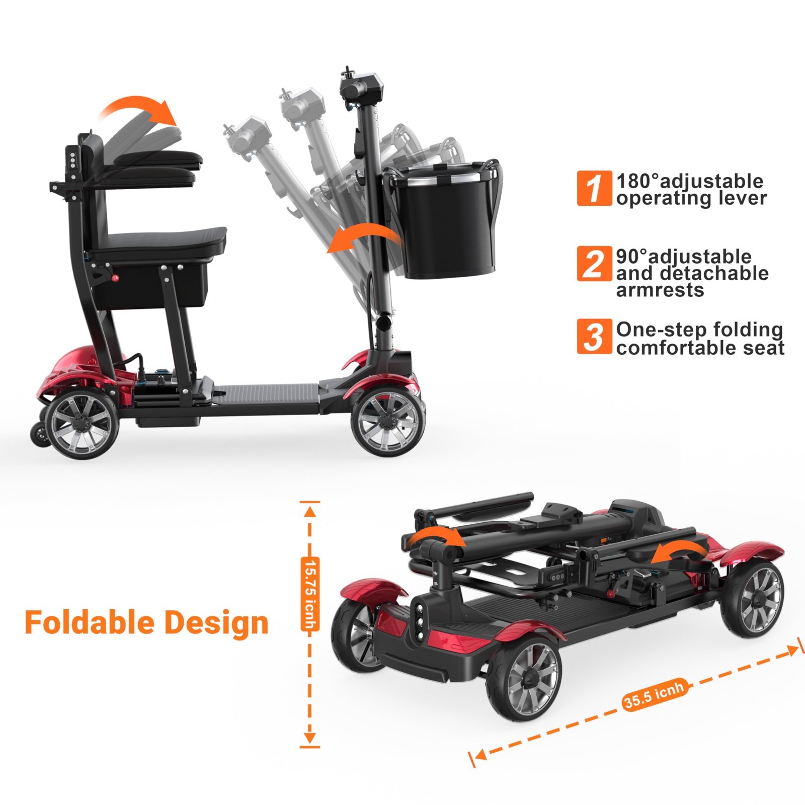 Lightweight 39lbs Foldable 4-Wheel Mobility Scooter for Adults, Airline Approved