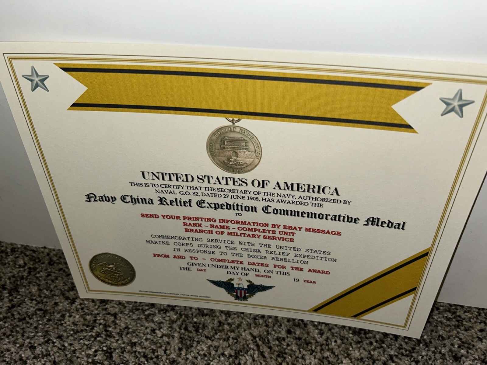 NAVY CHINA RELIEF EXPEDITION COMMEMORATIVE MEDAL CERTIFICATE ~ W/PRINTING TYPE-1