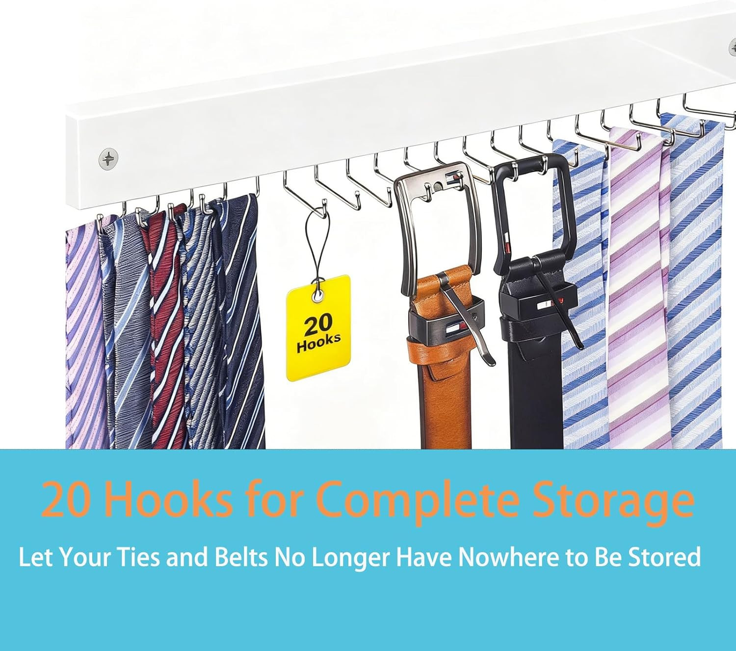 Wall-Mounted Belt and Tie Hanger, Wood Space-Saving Belt Rack with 20 Rotating H