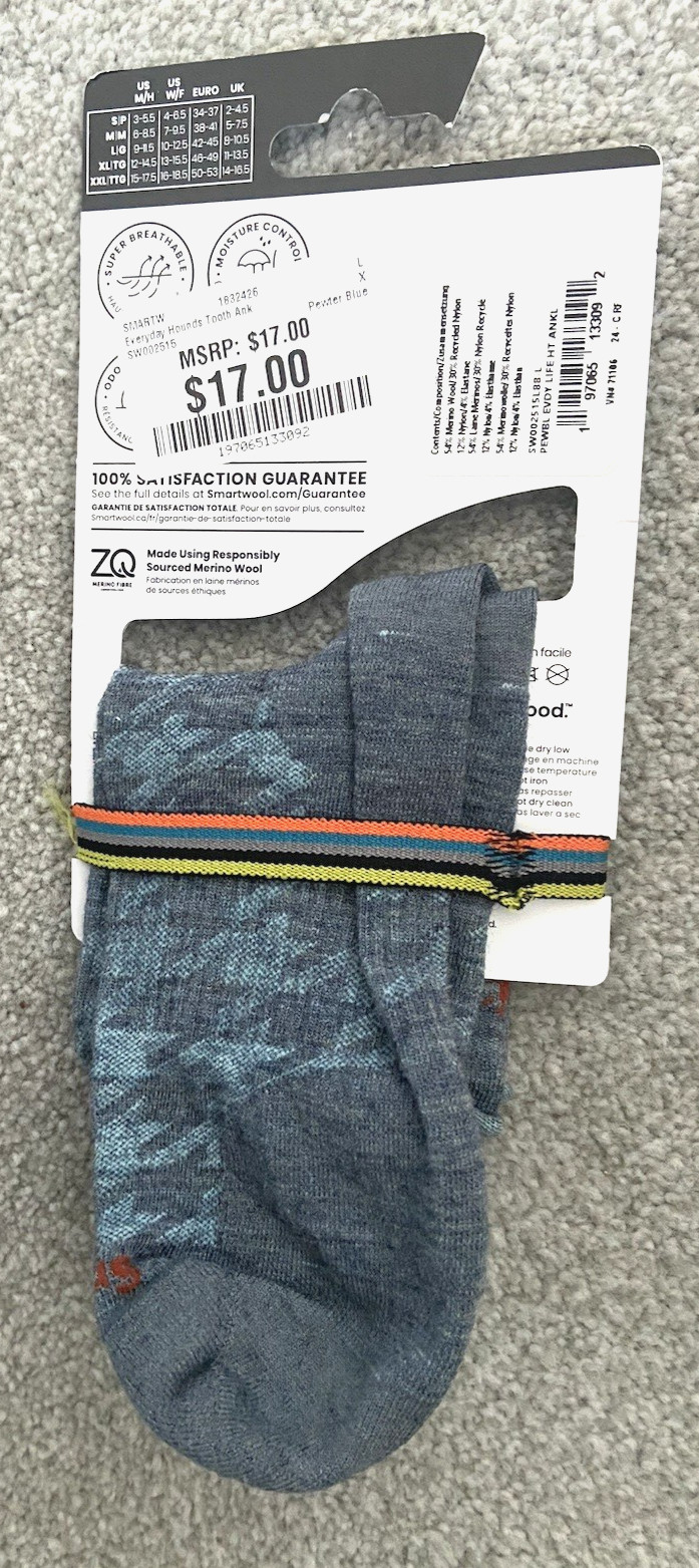 Lot of 2 pairs Smartwool Everyday Zero Cushion Houndstooth Ankle Socks Blue L
