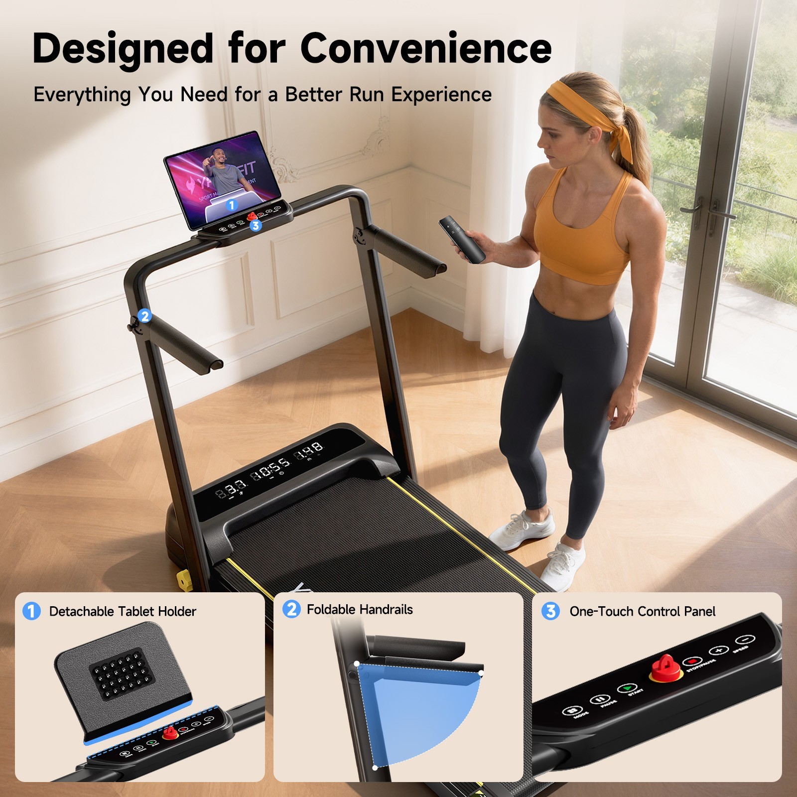 Treadmill with Safety Side Handrails & 3 Incline Levels, 300Lbs Weight Capacity