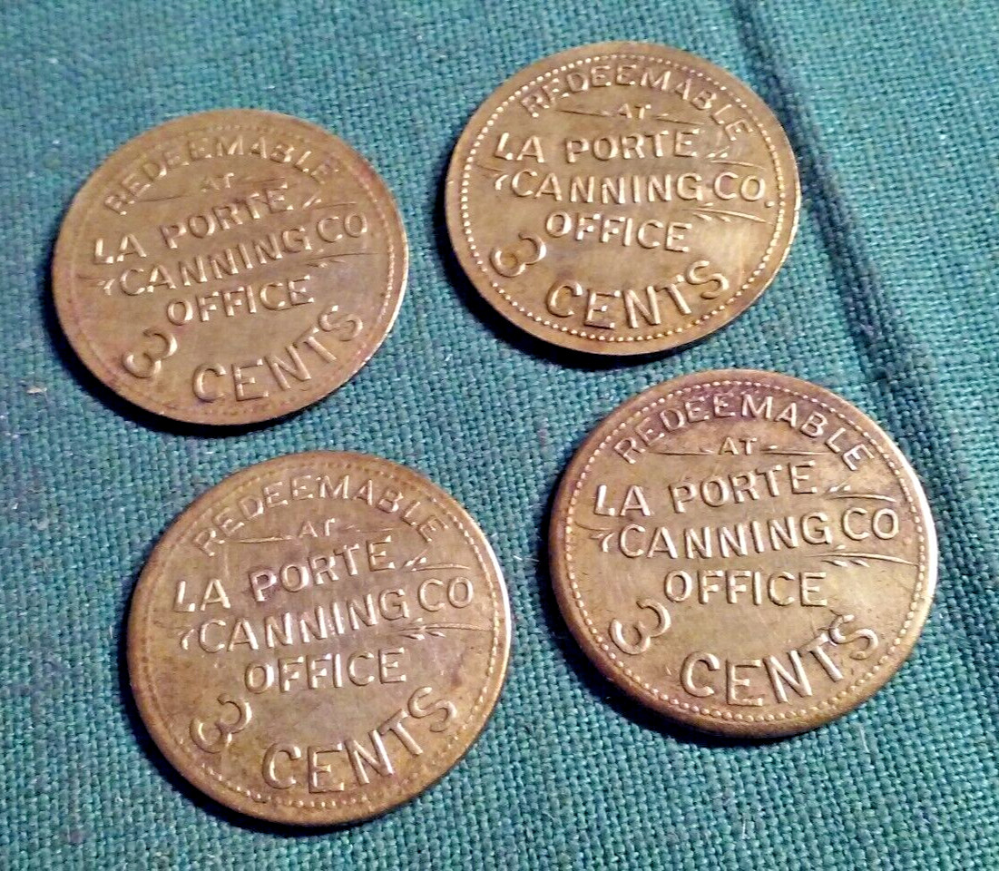 Lot of 4 La Porte IA Canning Co 3 Cent Trade Token For Husking Basket of Corn