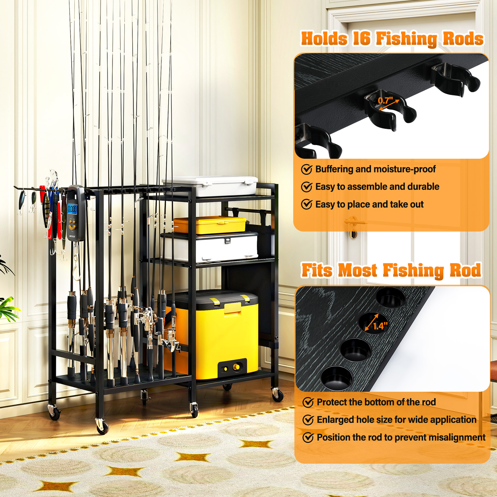 TC-HOMENY 16Rod Fishing Rod Holder Rack Fishing Gear Equipment Tackle Organizer