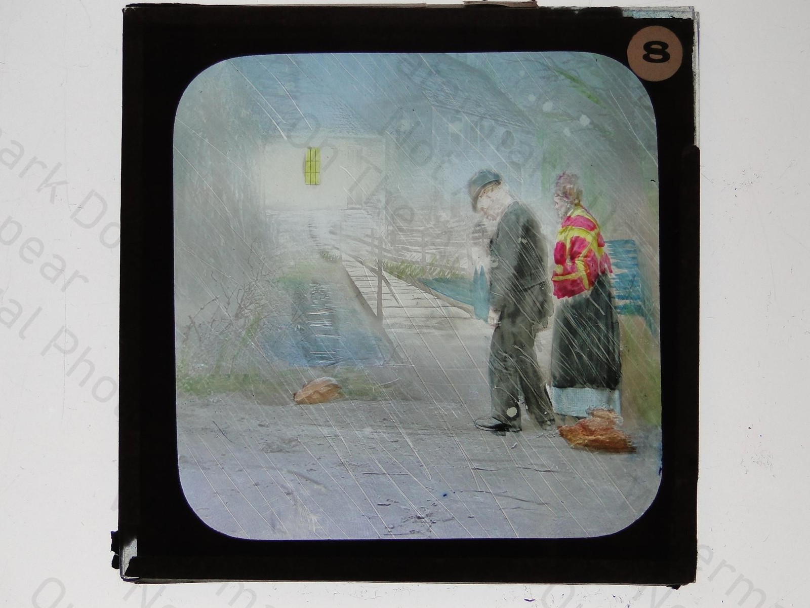 Couple Walking Rain Storm Hand Tinted Genre Magic Lantern Slide c1900s