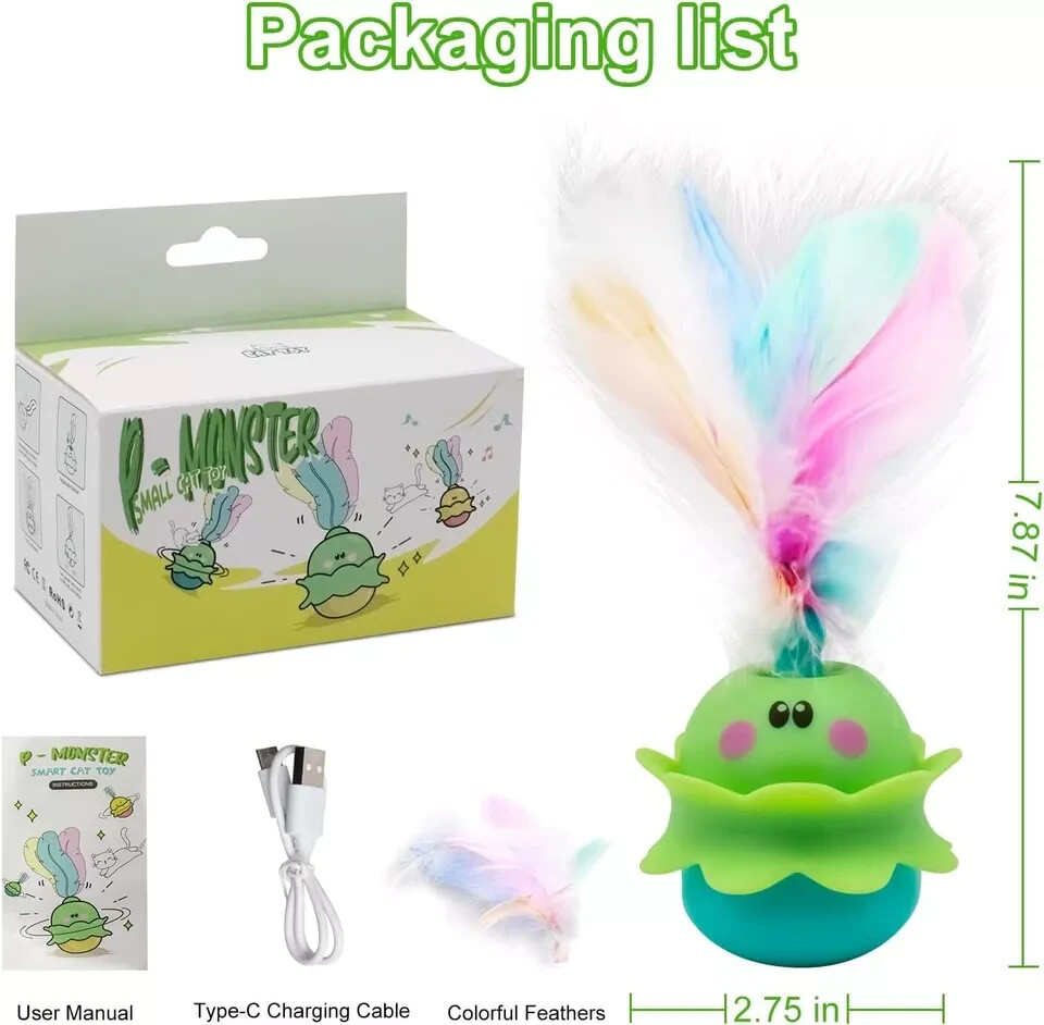 Cat Toys Monster, 2in1 Automatic Interactive Toy, Real Feathers, Rechargeable