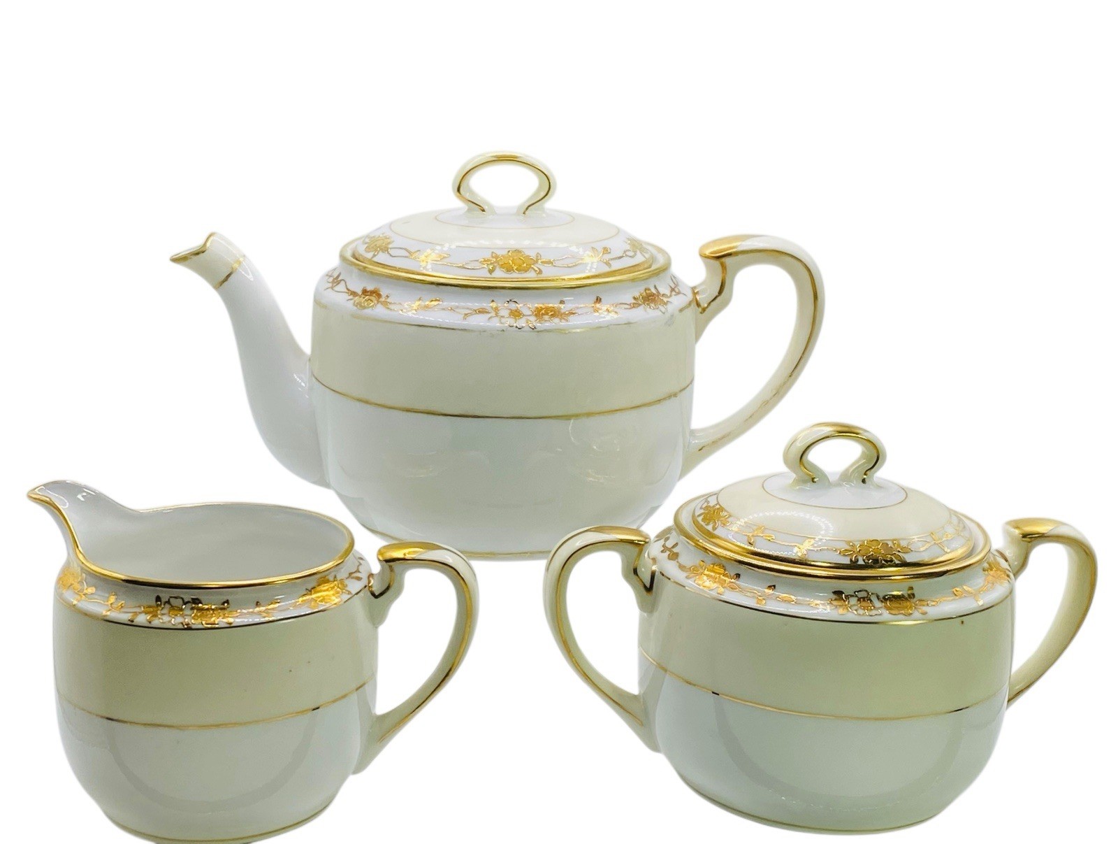 Handpainted Nippon Teapot Lid Creamer Sugar Bowl Lid Beige Gold Gilt Trim Floral
