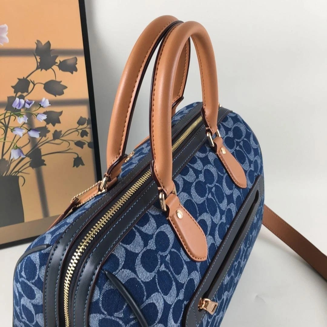 COACH CY699 Rowan Large Satchel Bag Signature Canvas Blue Brown Outlet New