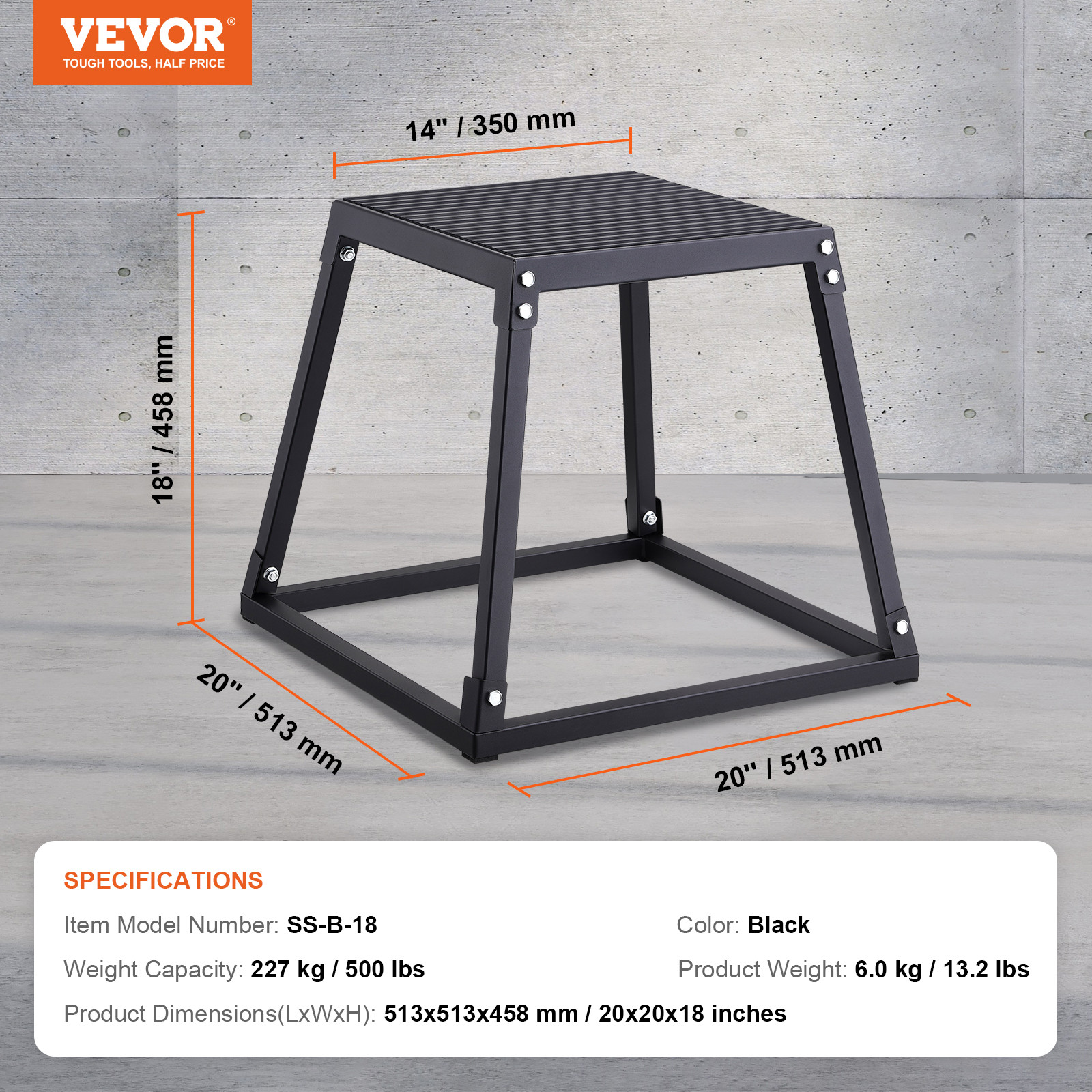 VEVOR 18" Plyometric Jump Box Fitness Exercise Plyo Box Step Cross Black