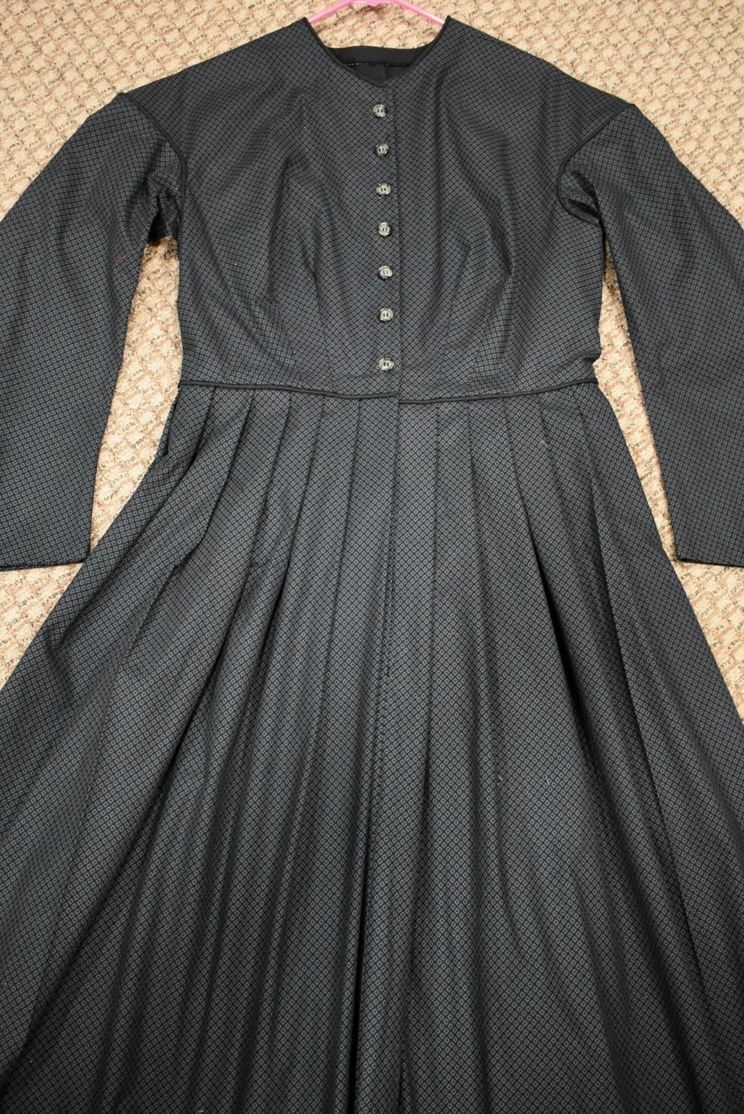 Civil War Victorian Cotton Day Dress Handmade Black wGrayDiamond Print - L/XL
