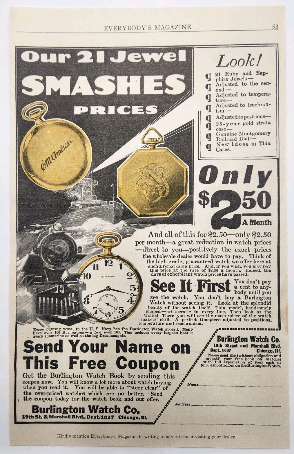 1917 Burlington Watch Co. Vintage Original Print Ad Chicago IL 1910's