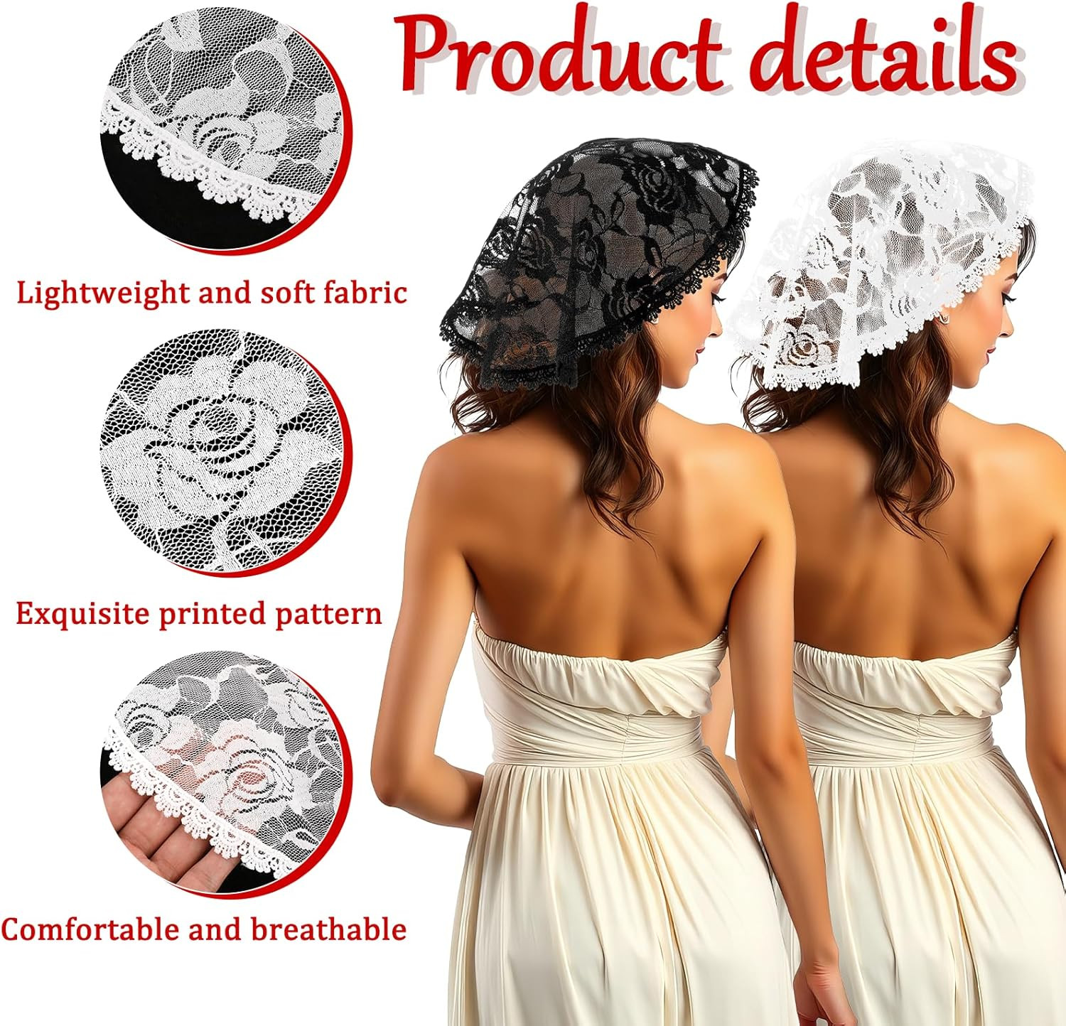 2 Pcs Lace Chapel Veil Head Coverings – Black & White Floral Short Mantilla