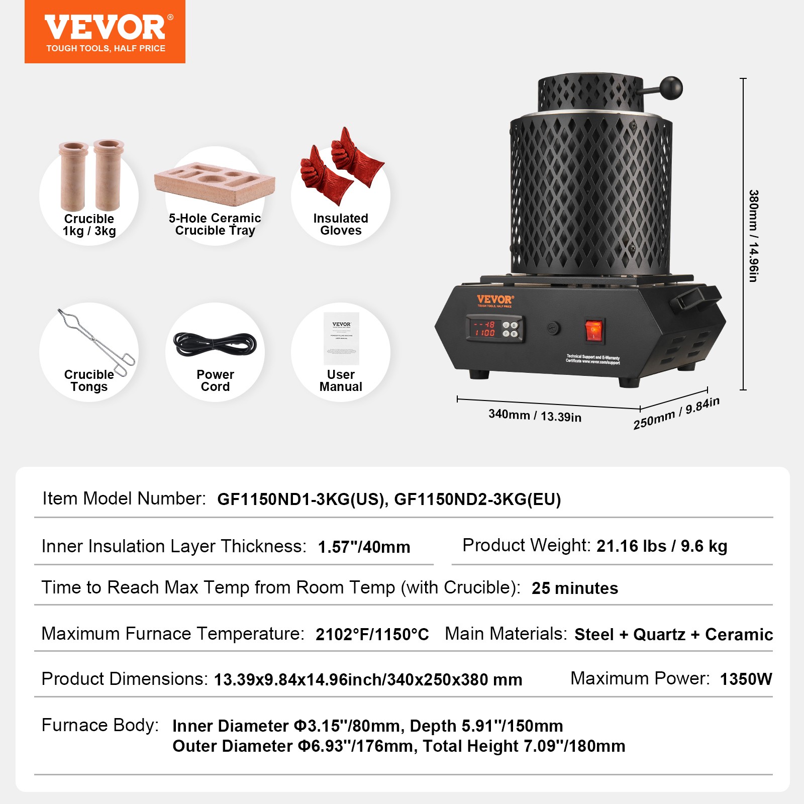 VEVOR Gold Melting Furnace 1350W Electric Digital Smelting Furnace 2 Crucibles