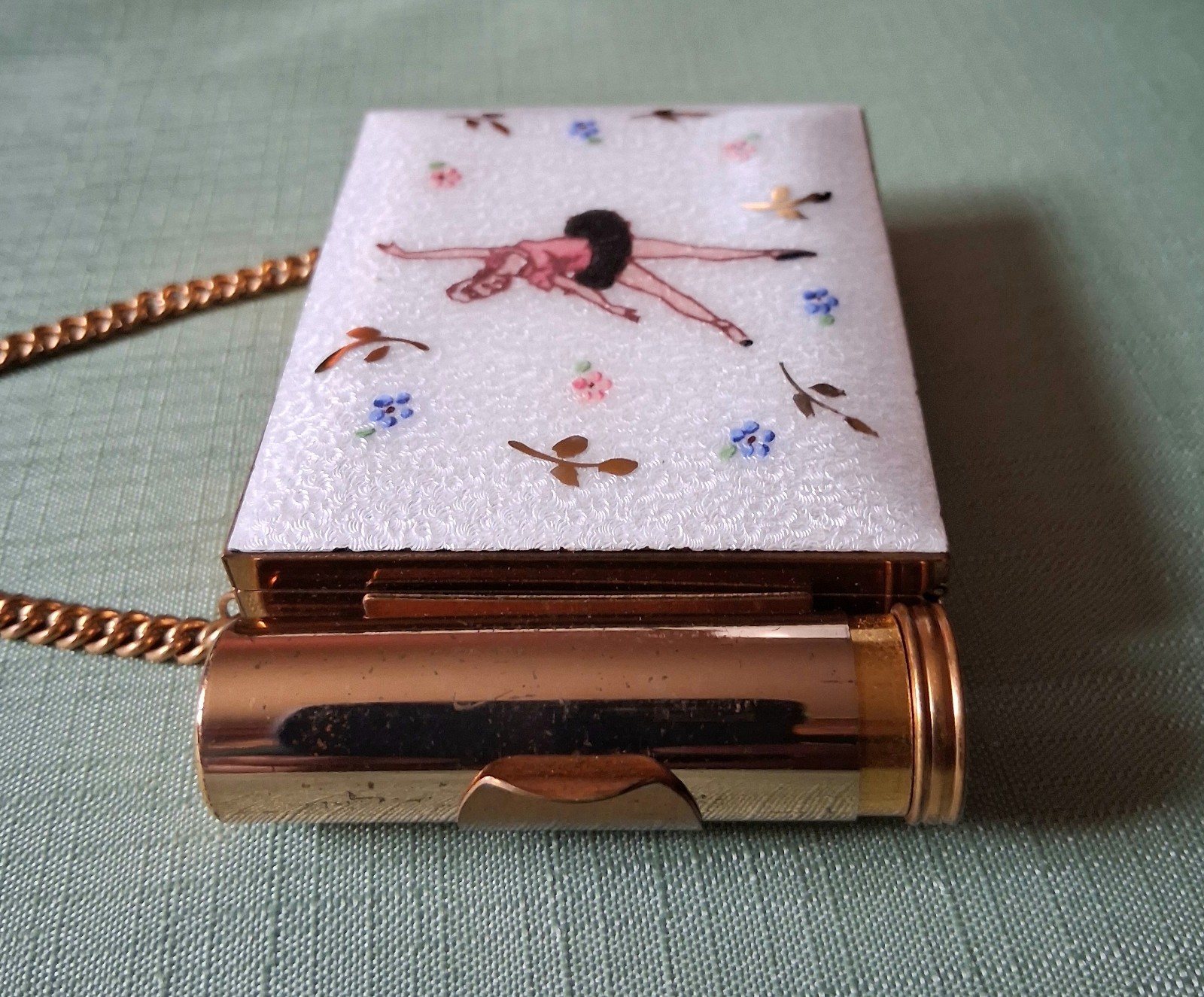 Vintage Guilloche Ballerina Double Lipstick Cigarette Make Up Compact Purse