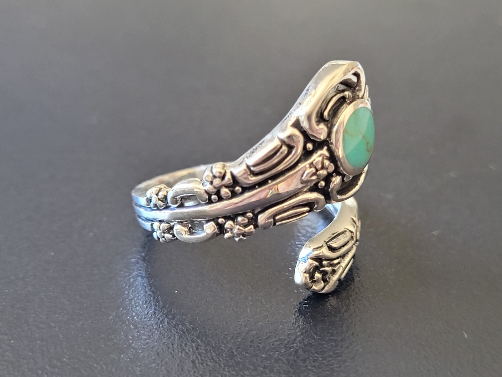 .925 Sterling Silver Victorian Turquoise Spoon Ring Adjustable Spoon Ring Band