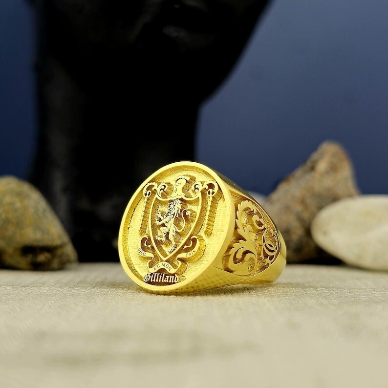 Custom Gold Plated Crest Ring for Men - Engraved Coat of Arms Signet Jewelry
