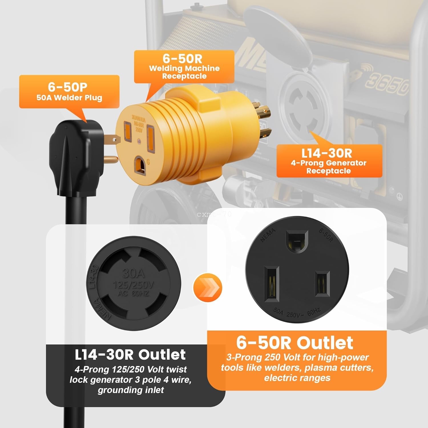 Generator to Welder Adapter Nema L14-30P to 6-50R Twist Lock Male to Female Plug