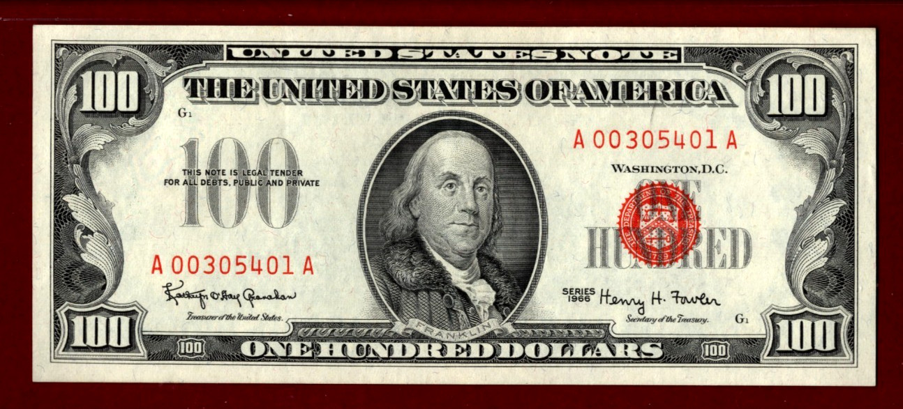1966💲100 LEGAL TENDER 💵 RED SEAL 💵F- 1550 PCGS 58 PPQ