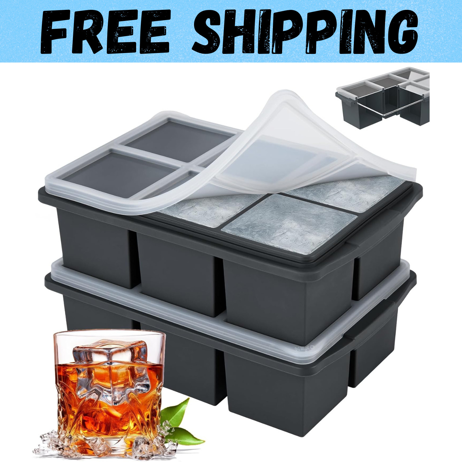 2 Pack 2 Inch Large Silicone Ice Cube Trays Square Ice Cube Molds for Whiskey