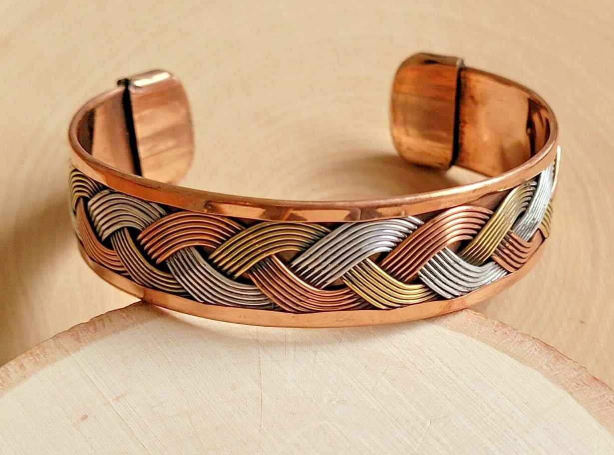 Solid Copper Tricolor Cuffed Health Bracelet - Copper Bracelet Braided
