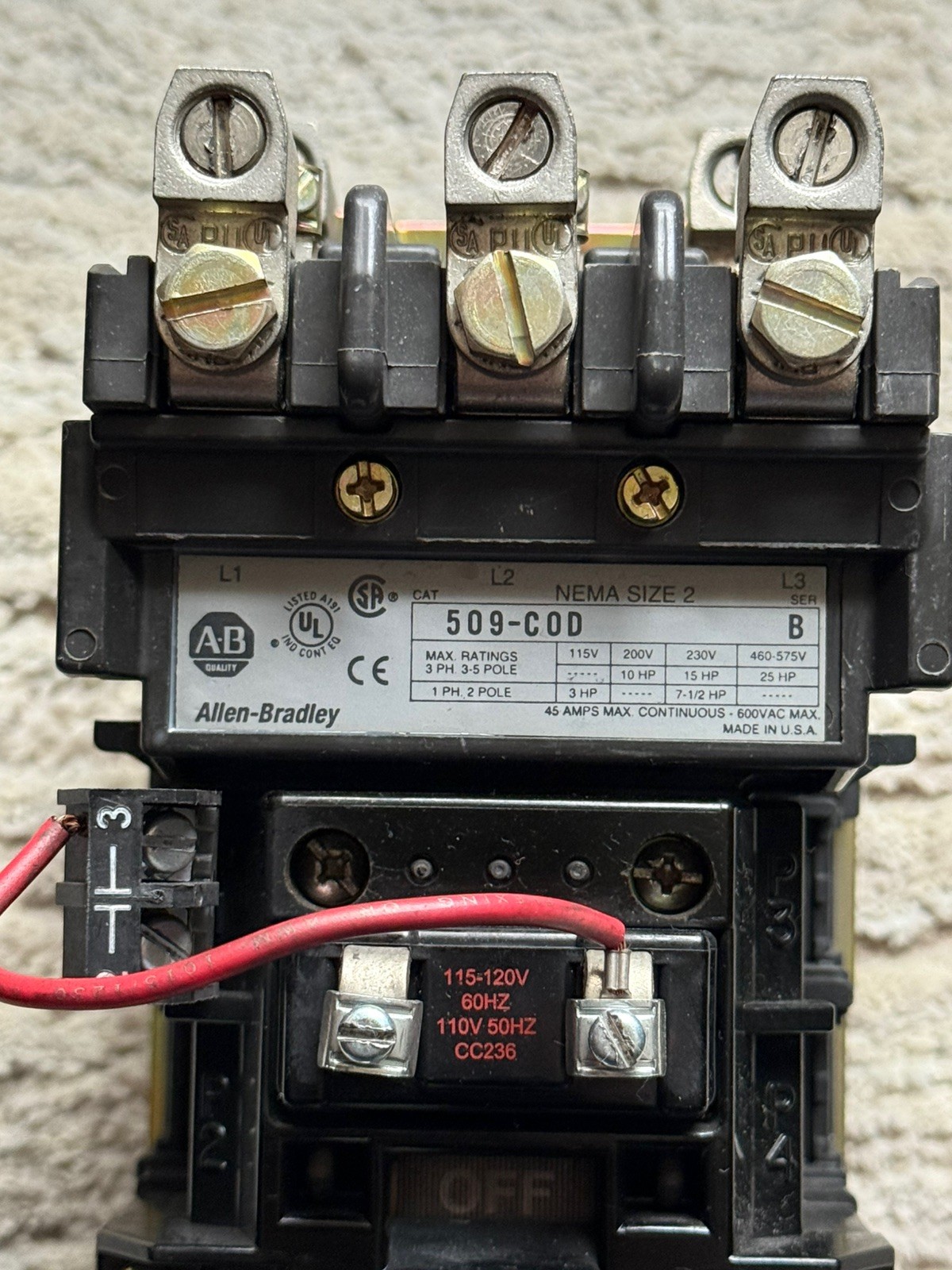 Allen Bradley AB 509-COD Size 2 Starter 120V Coil Series B Size 2 509-C0D