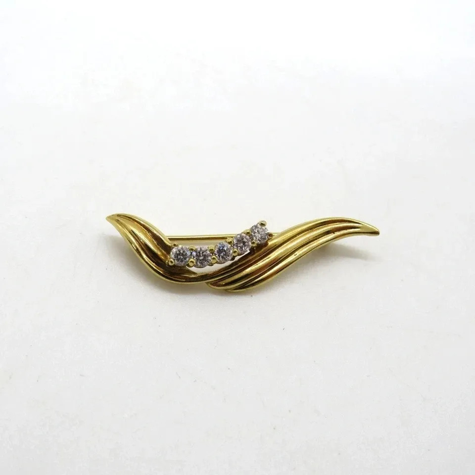 Vintage Gold Tone Wave Brooch Pin Rhinestone Clear Stones Marked Korea