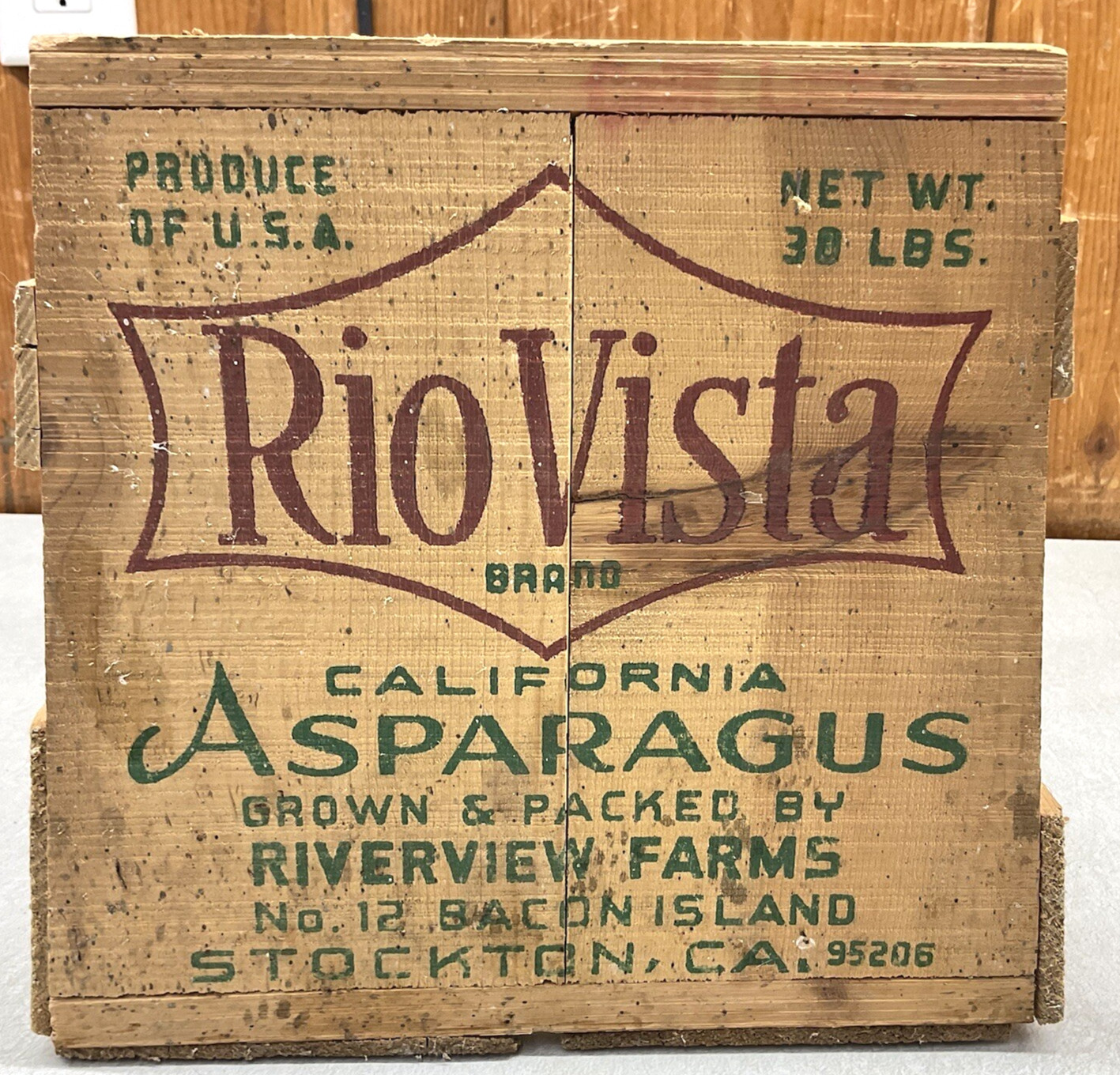 VTG Rio Vista Asparagus Wood Crate Riverview Farms Stockton California Wooden