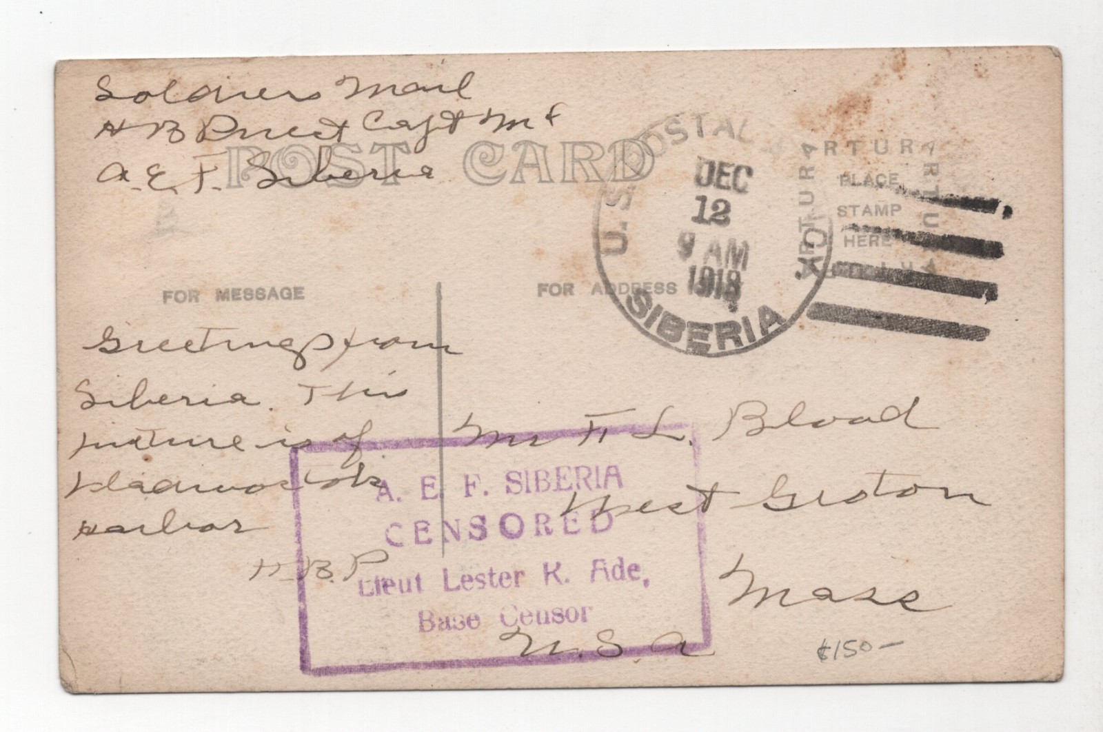 US AEF SIBERIA 1919 WWI EXPEDITIONARY FORCES CENSORED RPPC REAL PHOTO POSTCARD