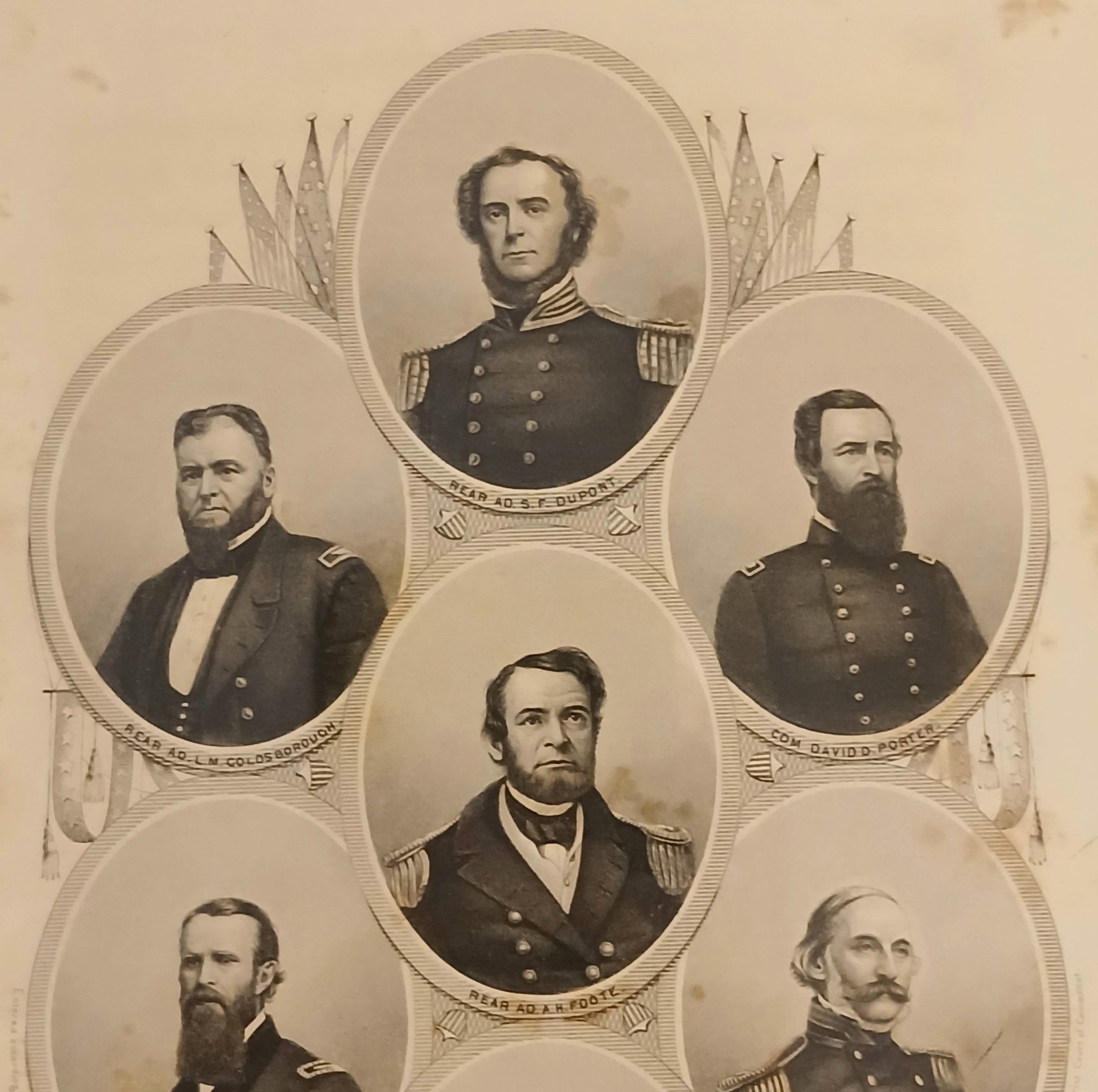 Framed 1862 Civil War Engraved Print Feat. Union Naval Commanders By J.C. Buttre