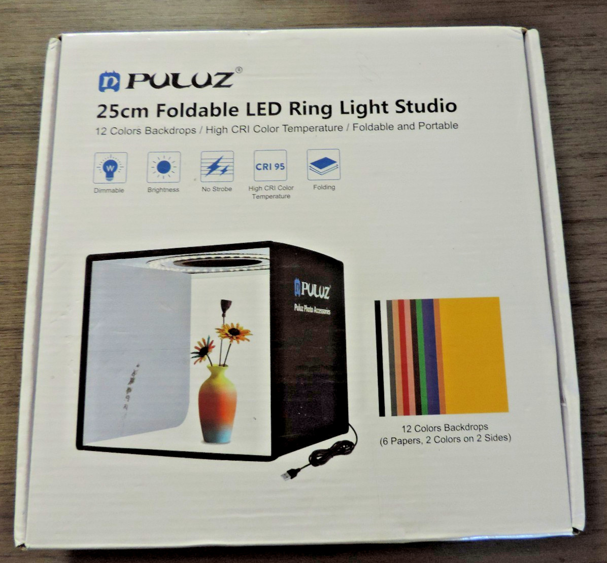 Puluz Foldable LED Ring Light Studio Box. 25cm. 12 Color Backgrounds Portable