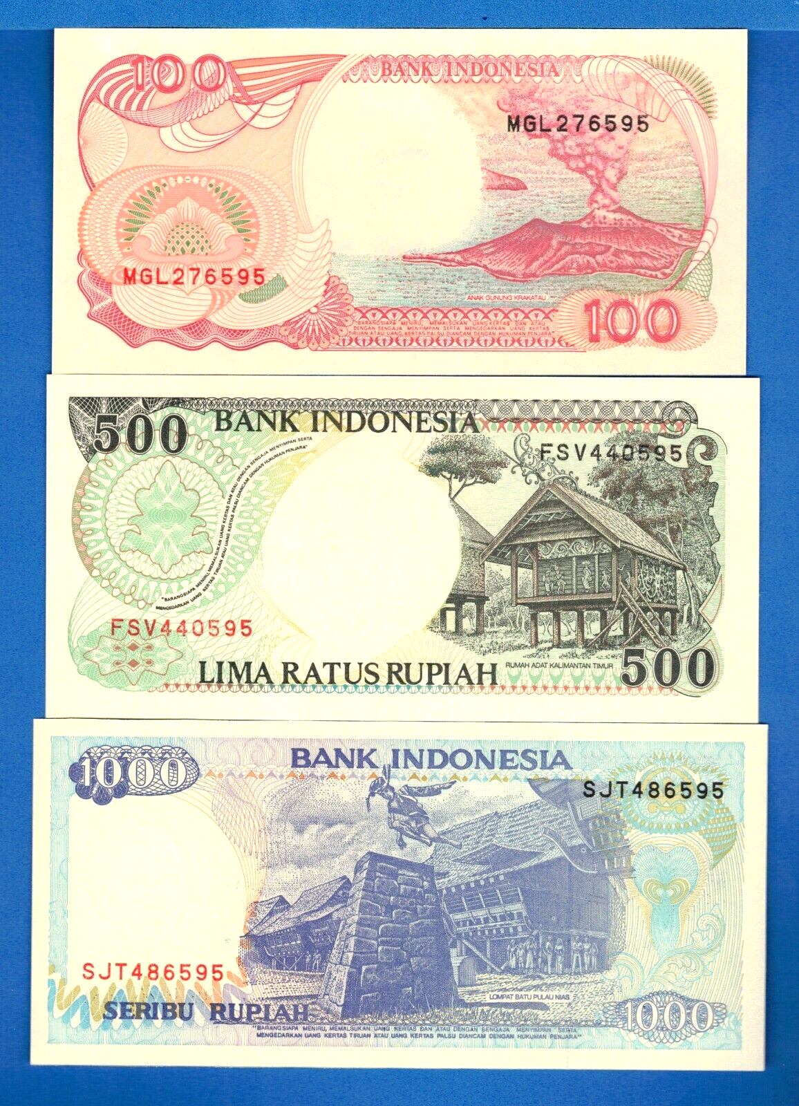 Indonesia 100, 500, 1000 Rupiah Uncirculated Banknote Set-6
