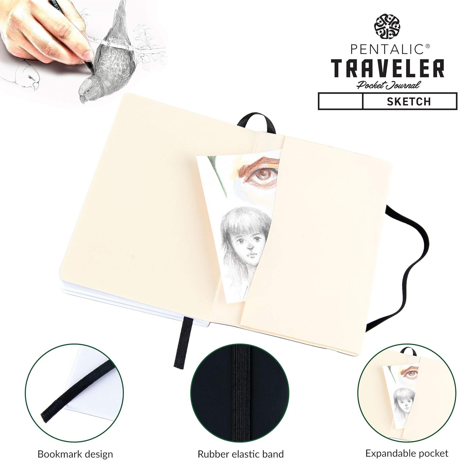 Pentalic 4" x 6" Pocket Sketchbook Traveler Journal, 160 Pages, Black