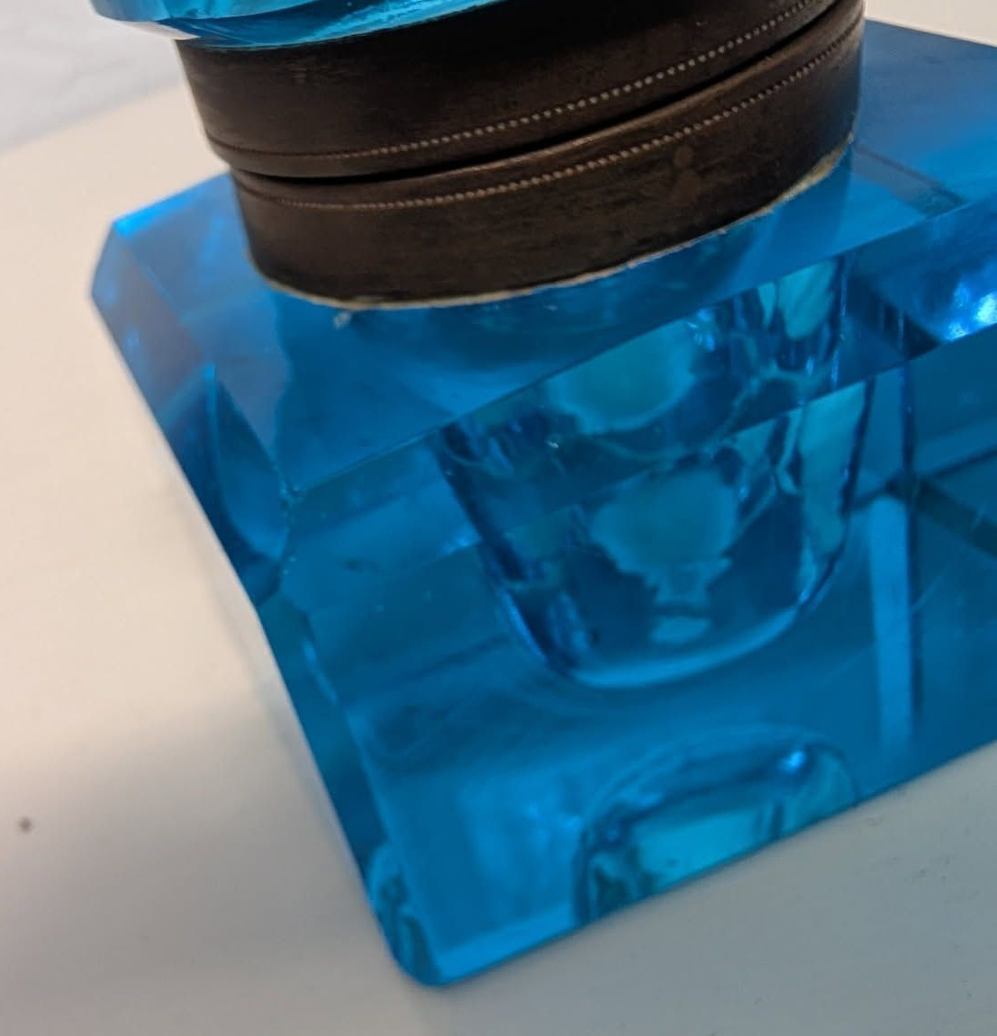 Antique Peacock Blue Glass Ink Well 1880s. Hand cut crystal.