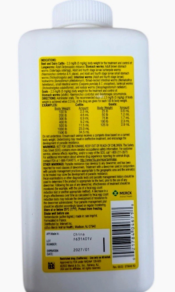 Safe-Guard dewormer Suspension Cattle & Sheep Dewormer 1000ml- Exp 01/27