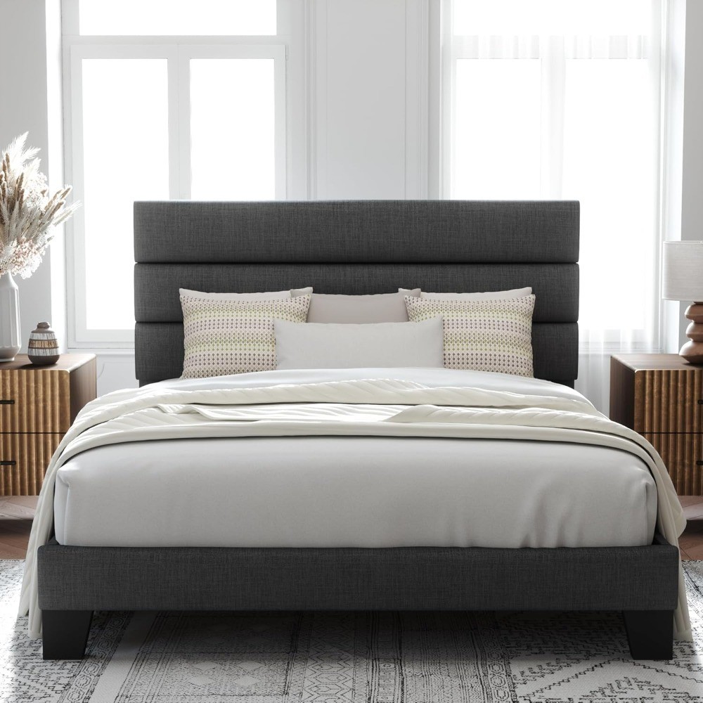Queen Size Platform Bed Frame with Upholstered Headboard and Wood Slats Support,