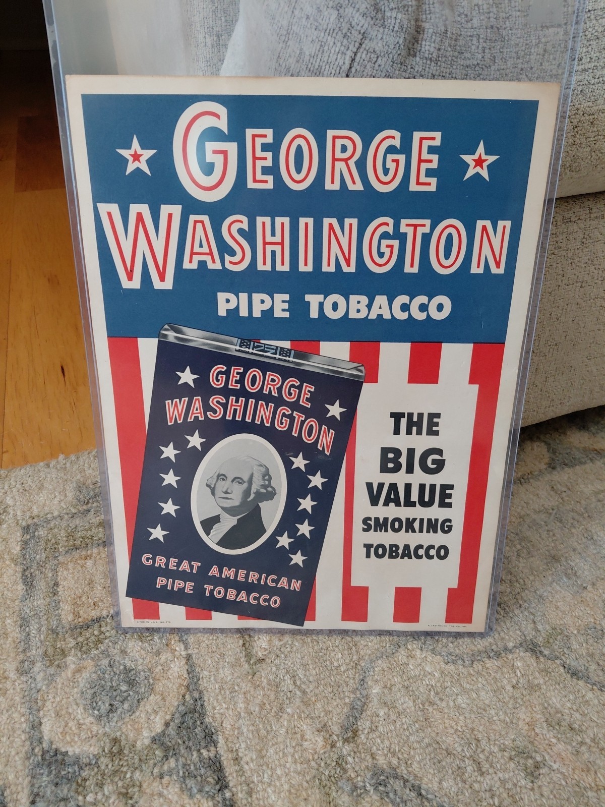 c.1946 Original Vintage George Washington Pipe Tobacco Sign Rj Reynolds NOS RARE
