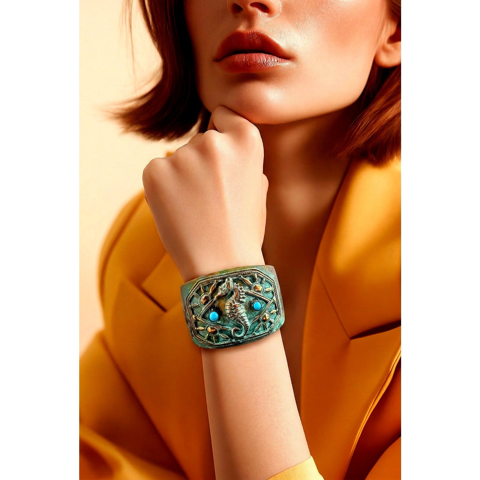 Elaine Coyne Verdigris Patina Brass Sea Horse Cuff Bracelet