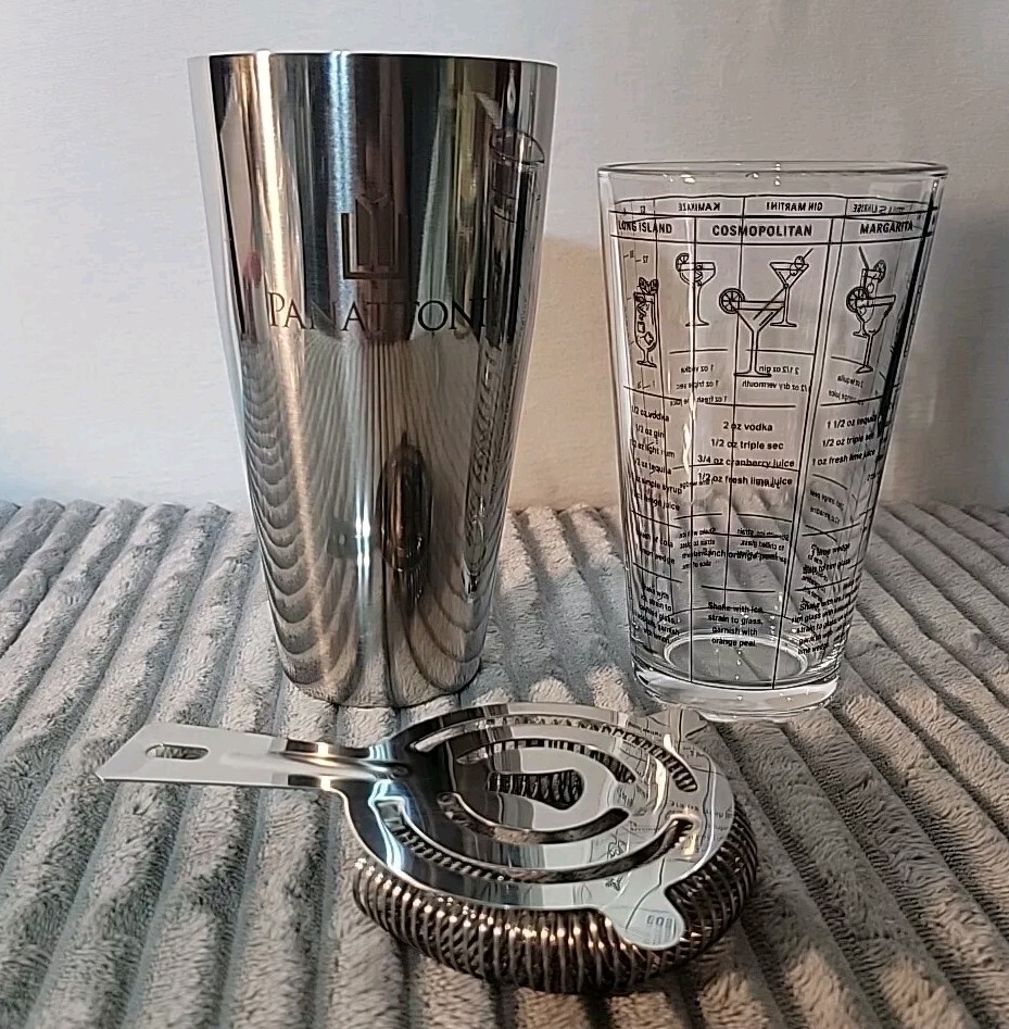 3 pc BOSTON COCKTAIL SHAKER Bar KIT Panattoni Mixing Glass, Strainer Barware